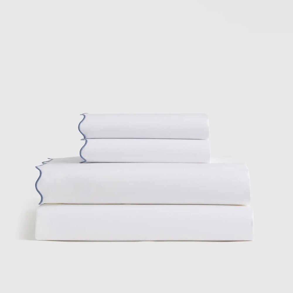 New Martha Stewart classic percale scalloped embroidered white blue twin sheets